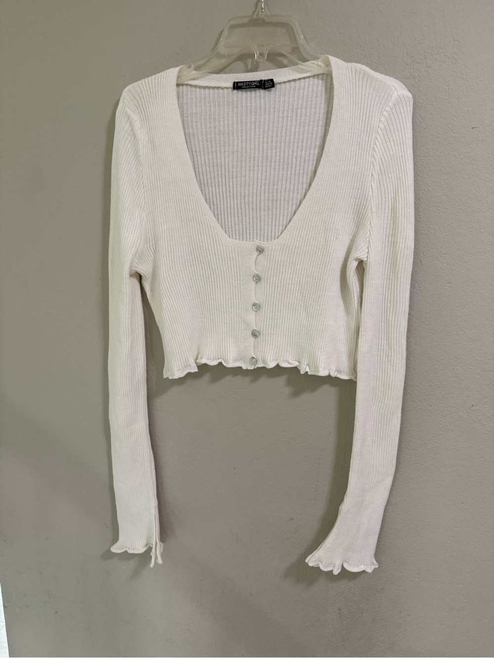 Nasty Gal White Ribbed Crop Cardigan Long Sleeve Size US 10